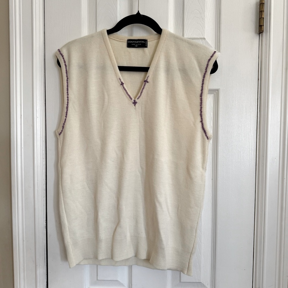 VTG Continental Cream Sweater Vest with Purple Trim